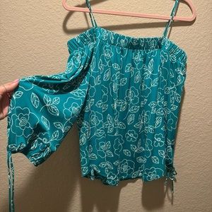 Jennie & Marlis Teal Turquoise Blue Floral Off Shoulder Top